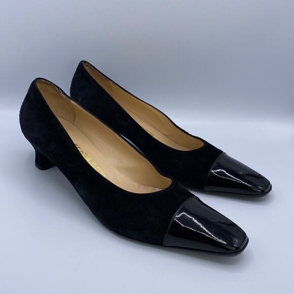 Salvatore Ferragamo Black Suede Patent Cap Square Toe Kitten Heel Pump 8 1/2 B - Picture 2 of 10